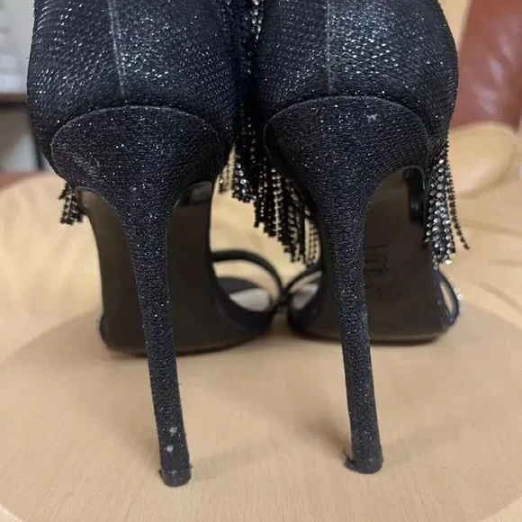 Stuart Weitzman Onfiresong Black Crystal Fringe Sandal Heels - Picture 5 of 8